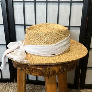 Scala Handwoven Raffia Gambler Sun Hat with White Ribbon